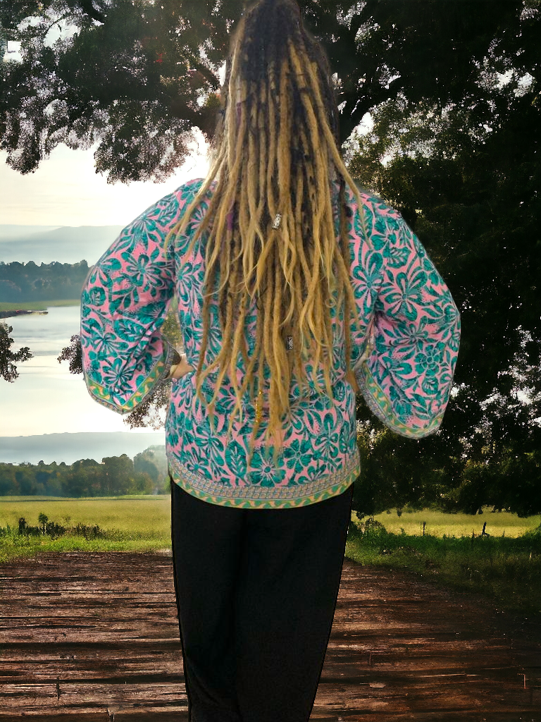 Turquoise & Pink Kimono Recycled/cruelty-free material