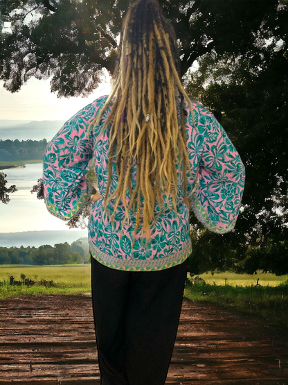 Turquoise & Pink Kimono Recycled/cruelty-free material