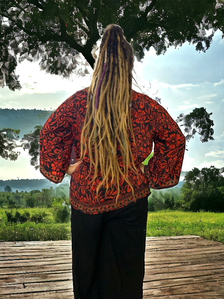 Red & Black Short Kimono - Recycled/Cruelty free material