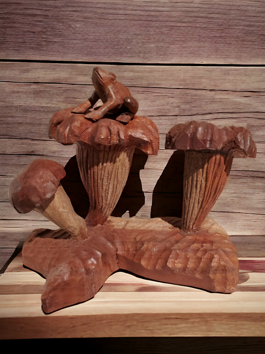 Frog on Mushroom Teak decor HANDMADE