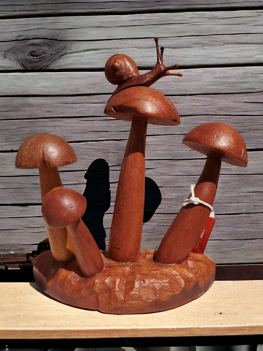 Snail on Mushroom Teak decor HANDMADE