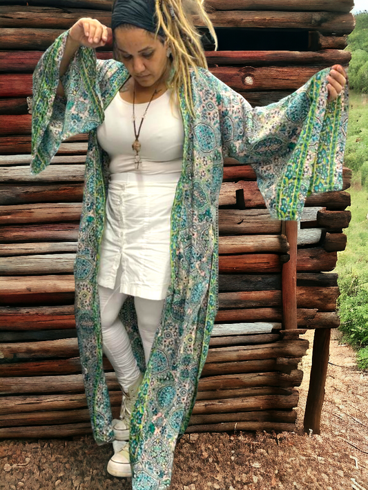Blue and Green Kimono Recycled/cruelty-free material