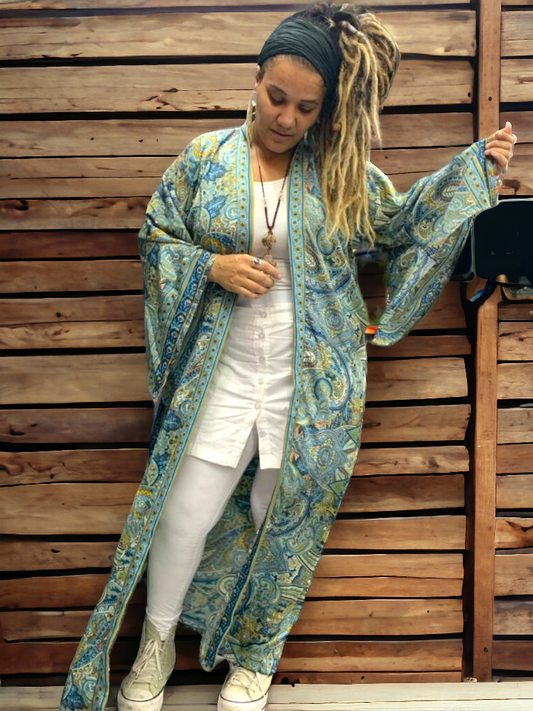 Blue and Yellow Kimono Recycled/cruelty-free material