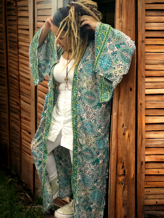 Green & Blue Kimono Recycled/cruelty-free material