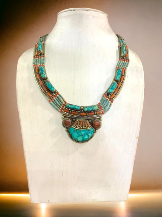 Silver and Metal Nepalese Necklace Turquoise and Coral